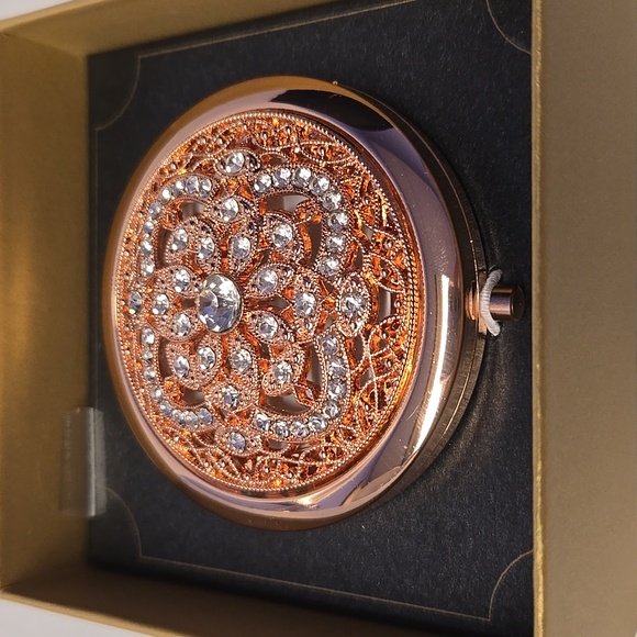 NIB Monet Rose Gold Compact Mirror with Crystal Accents - Picture 2 of 5